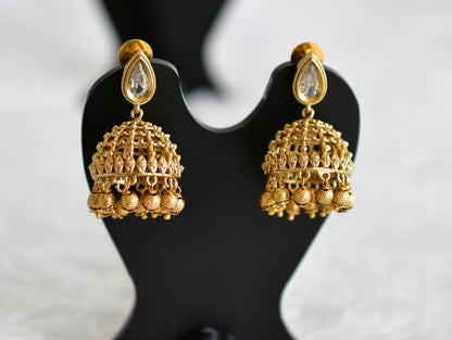 Antique gold tone white thilak stone pearl jhumkka dj-51852