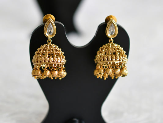 Antique gold tone white thilak stone pearl jhumkka dj-51852