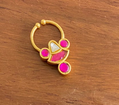 Gold tone kundan jadau pink-white stone nose pin/bulakku dj-53767