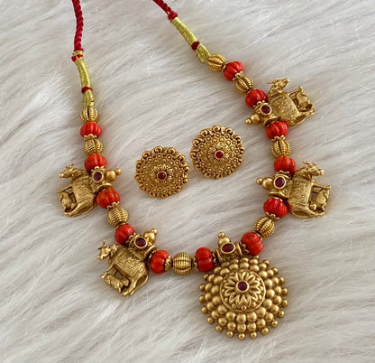 Antique gold tone coral pumpkin beaded kamadhenu necklace set dj-54957