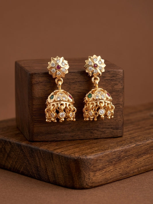 Gold tone AD pink-green-white south Indian flower jhumkka dj-53268