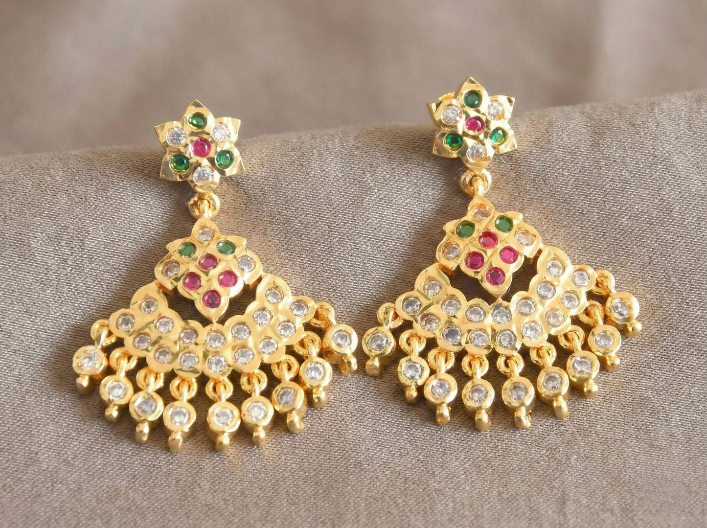 Gold Tone AD Green-pink Earrings DJ29893