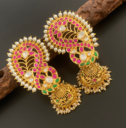 Gold tone kundan jadau big peacock khanpool jhumkka dj-53579