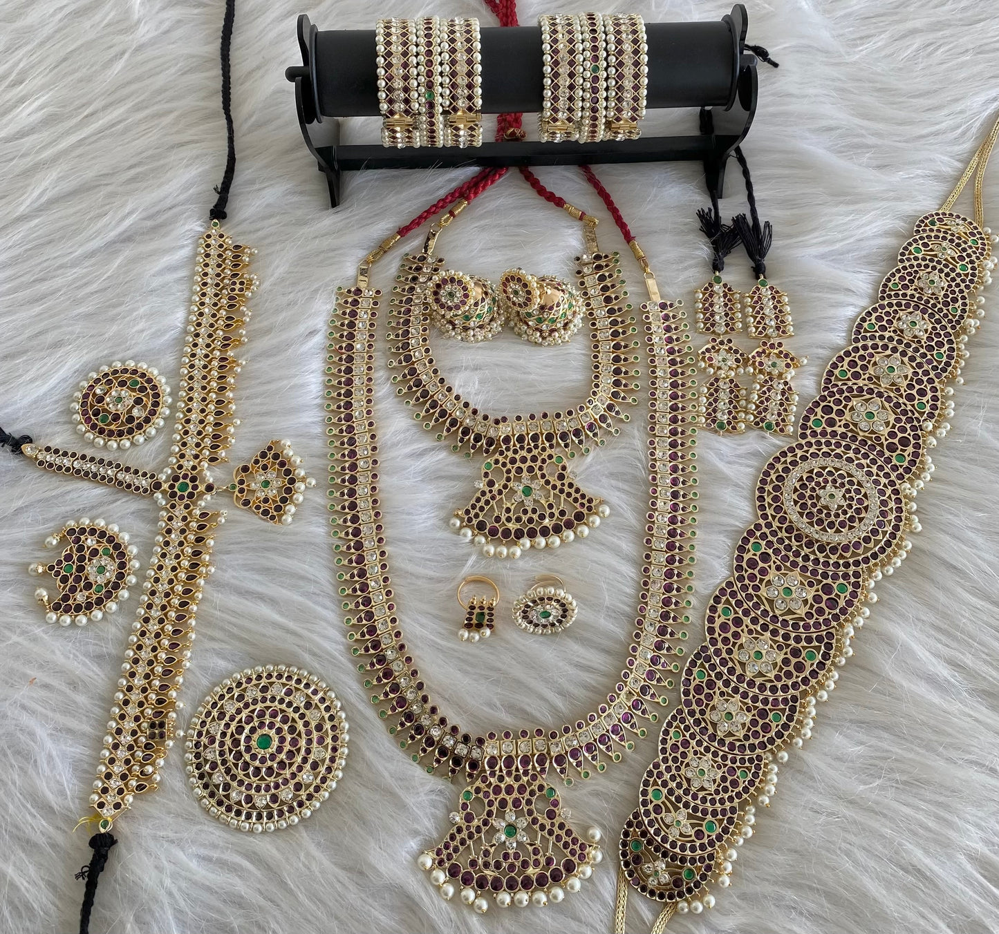 Gold tone precious kemp-green-white pearl peacock bridal set dj-53965