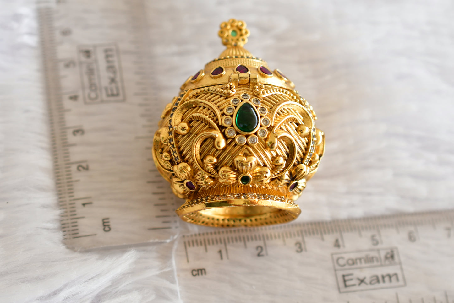 Antique gold tone kemp-green flower kumkum box dj-52313