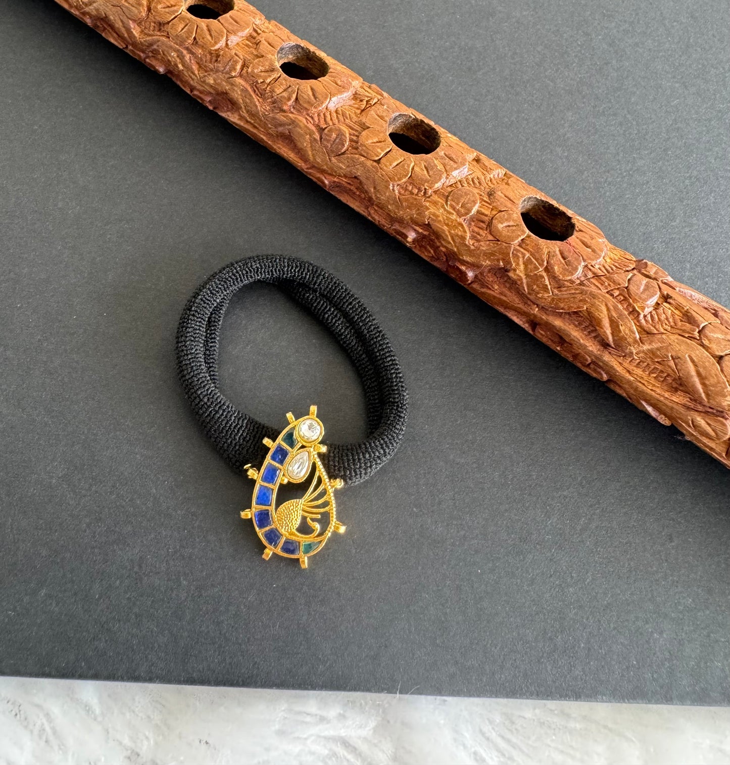 Gold tone blue-green kundan jadau peacock hair band dj-51491