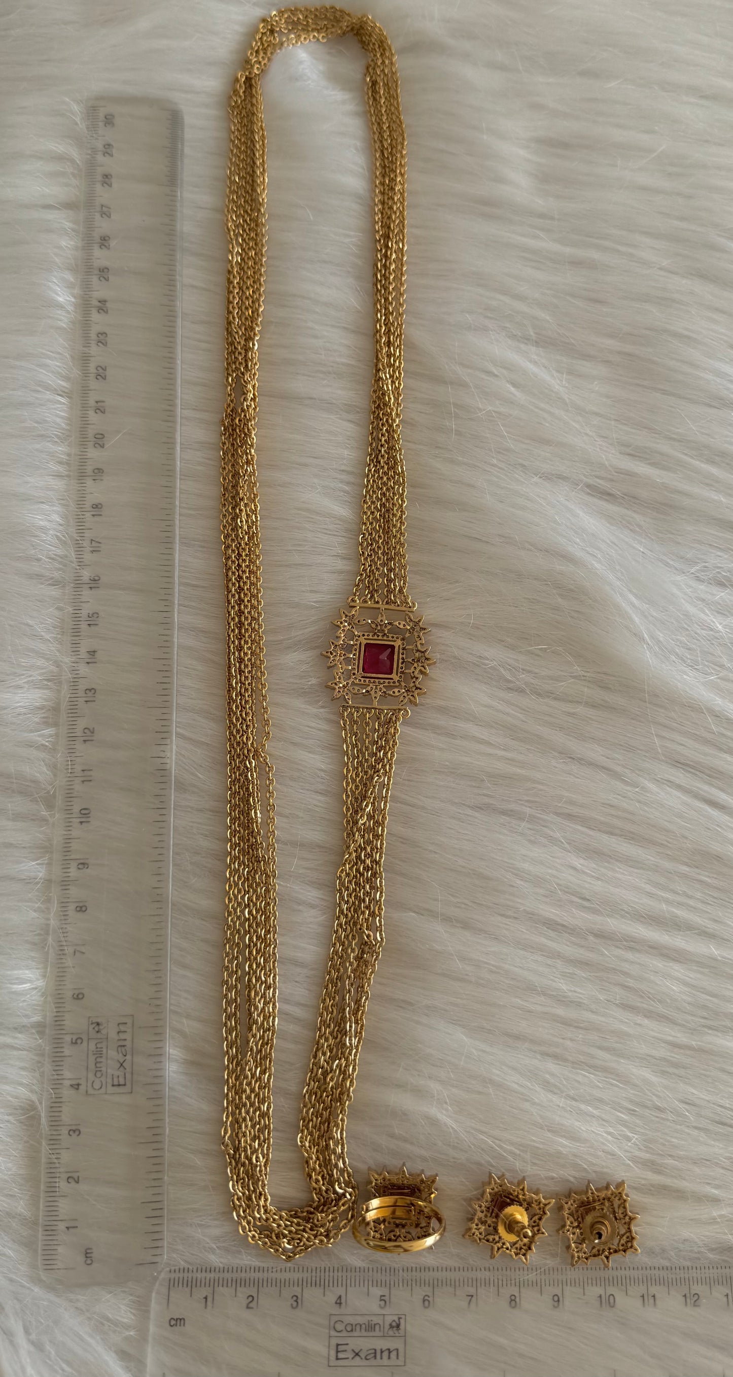 Matte finish cz red block stone mugappu chandra haar set dj-51244