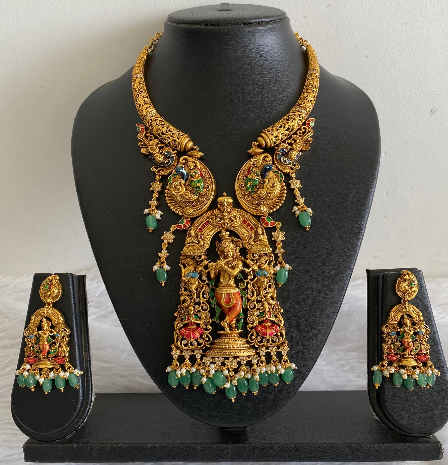 Matte finish green beaded meenakari krishna kante necklace set dj-54096
