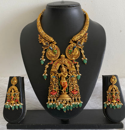 Matte finish green beaded meenakari krishna kante necklace set dj-54096