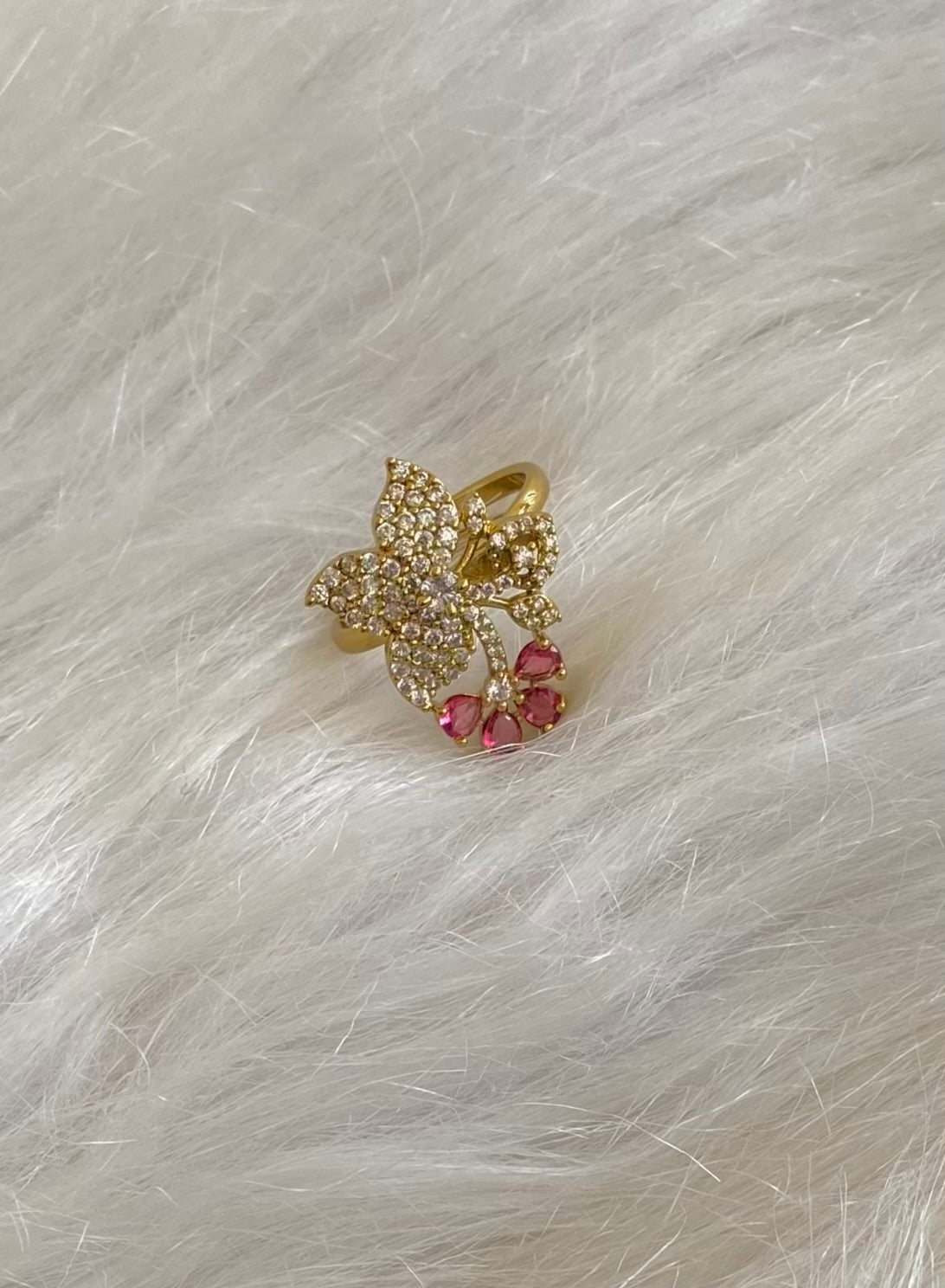 Antique gold tone cz white-magenta pink stone flower adjustable finger ring dj-55050