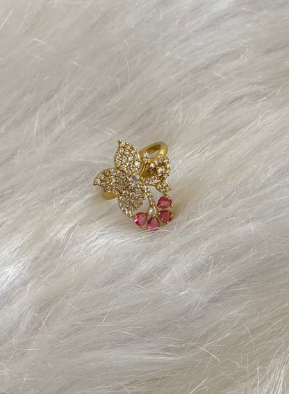 Antique gold tone cz white-magenta pink stone flower adjustable finger ring dj-55050
