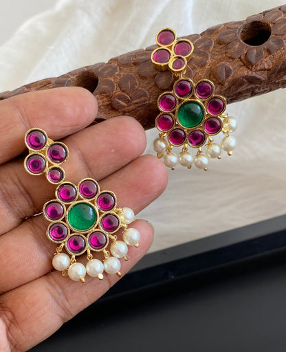 Gold tone precious kemp-green stone pearl earrings dj-53925