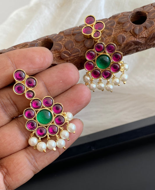 Gold tone precious kemp-green stone pearl earrings dj-53925