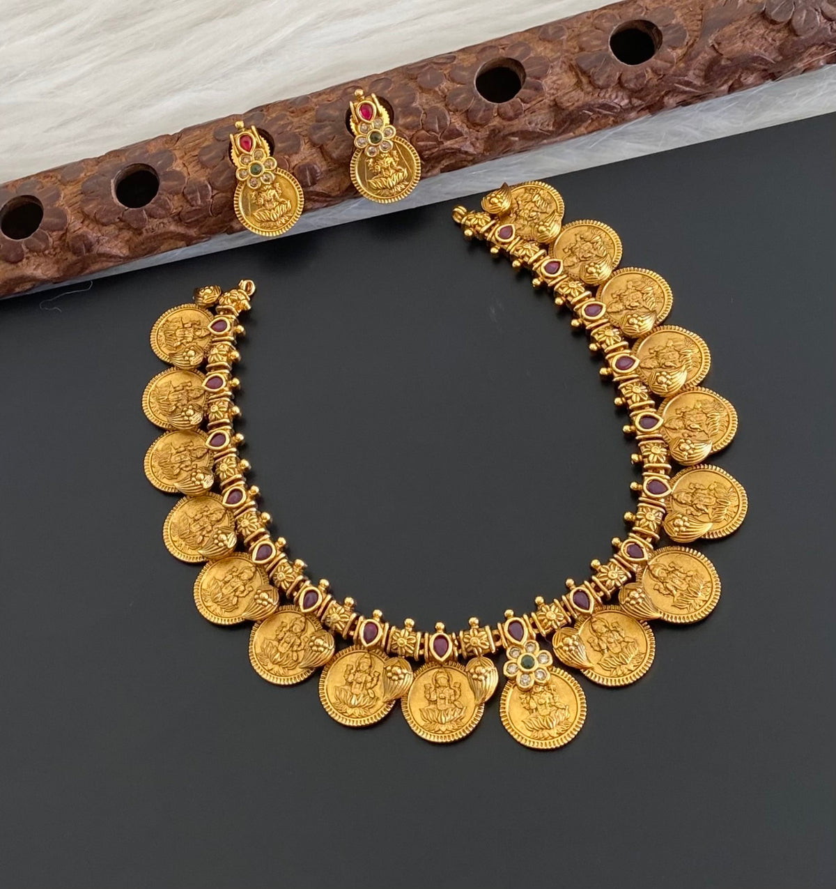 Matte finish mango lakshmi coin necklace set dj-54765