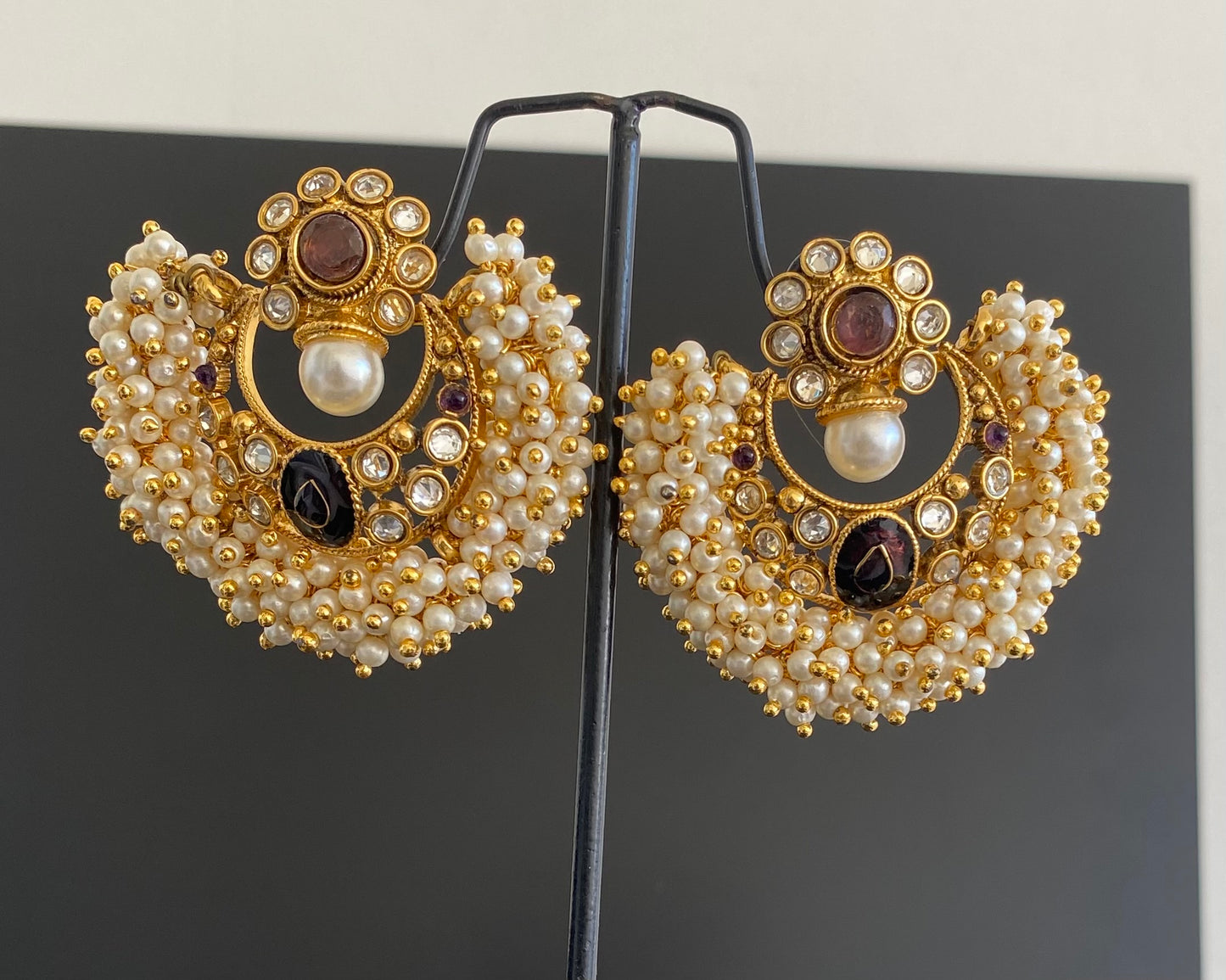 Antique gold tone Pearl Cluster Amethyst Bali Earrings -dj13562