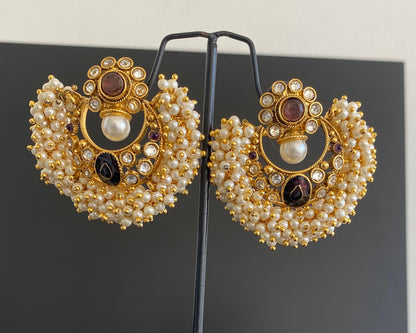 Antique gold tone Pearl Cluster Amethyst Bali Earrings -dj13562