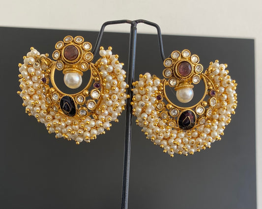 Antique gold tone Pearl Cluster Amethyst Bali Earrings -dj13562