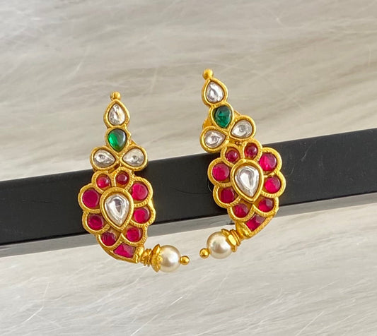 Gold tone pink-green-white kundan jadau mango stud/earrings dj-50645