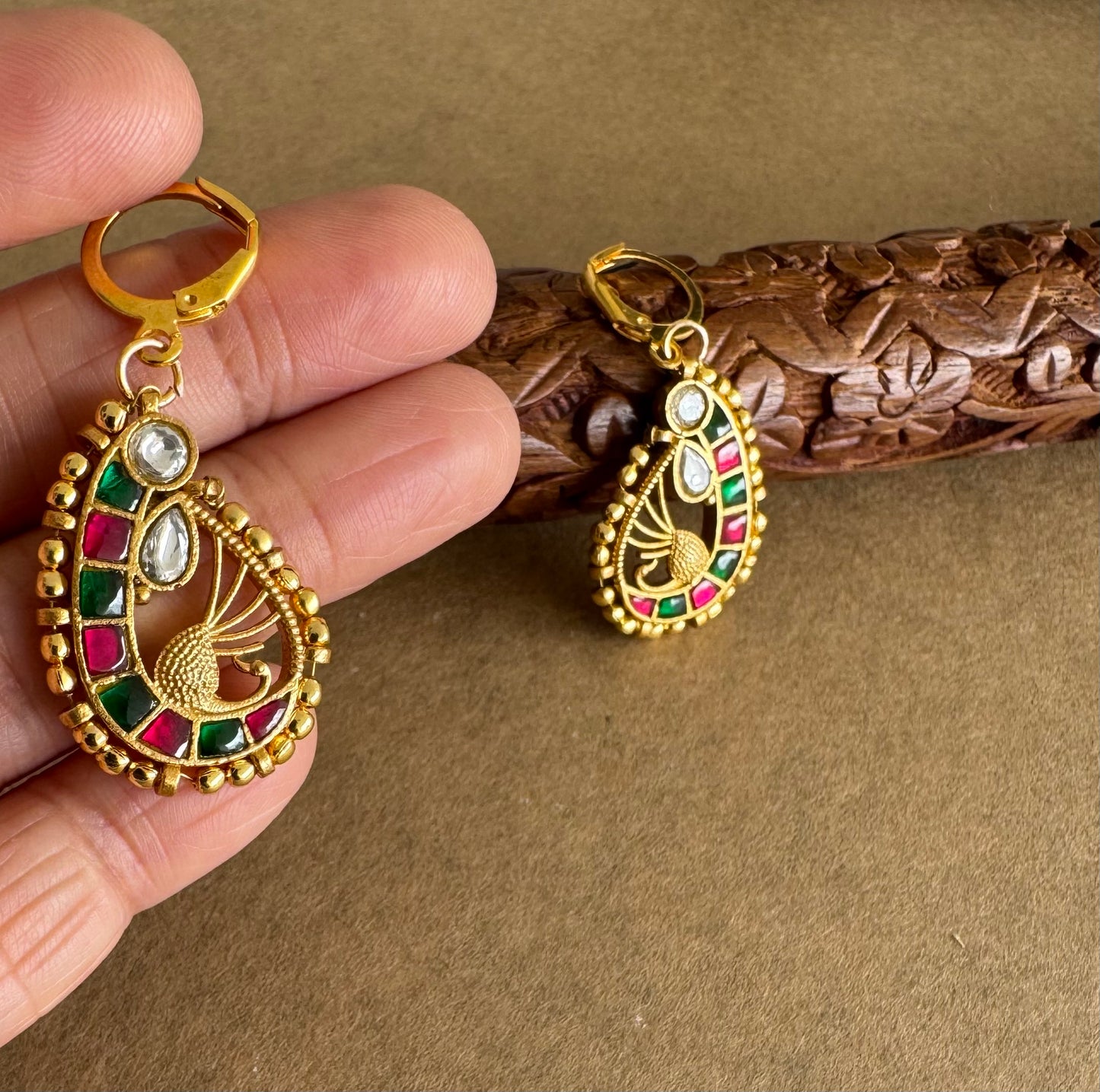 Gold tone pink-green-white kundan jadau peacock hook earrings dj-51526