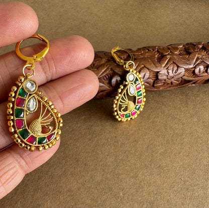 Gold tone pink-green-white kundan jadau peacock hook earrings dj-51526