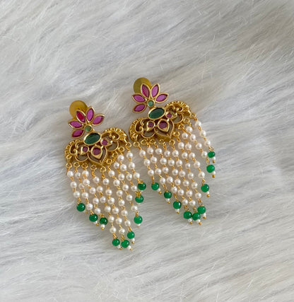 Antique gold tone kemp-green stone flower pearl green beaded earrings dj-54643