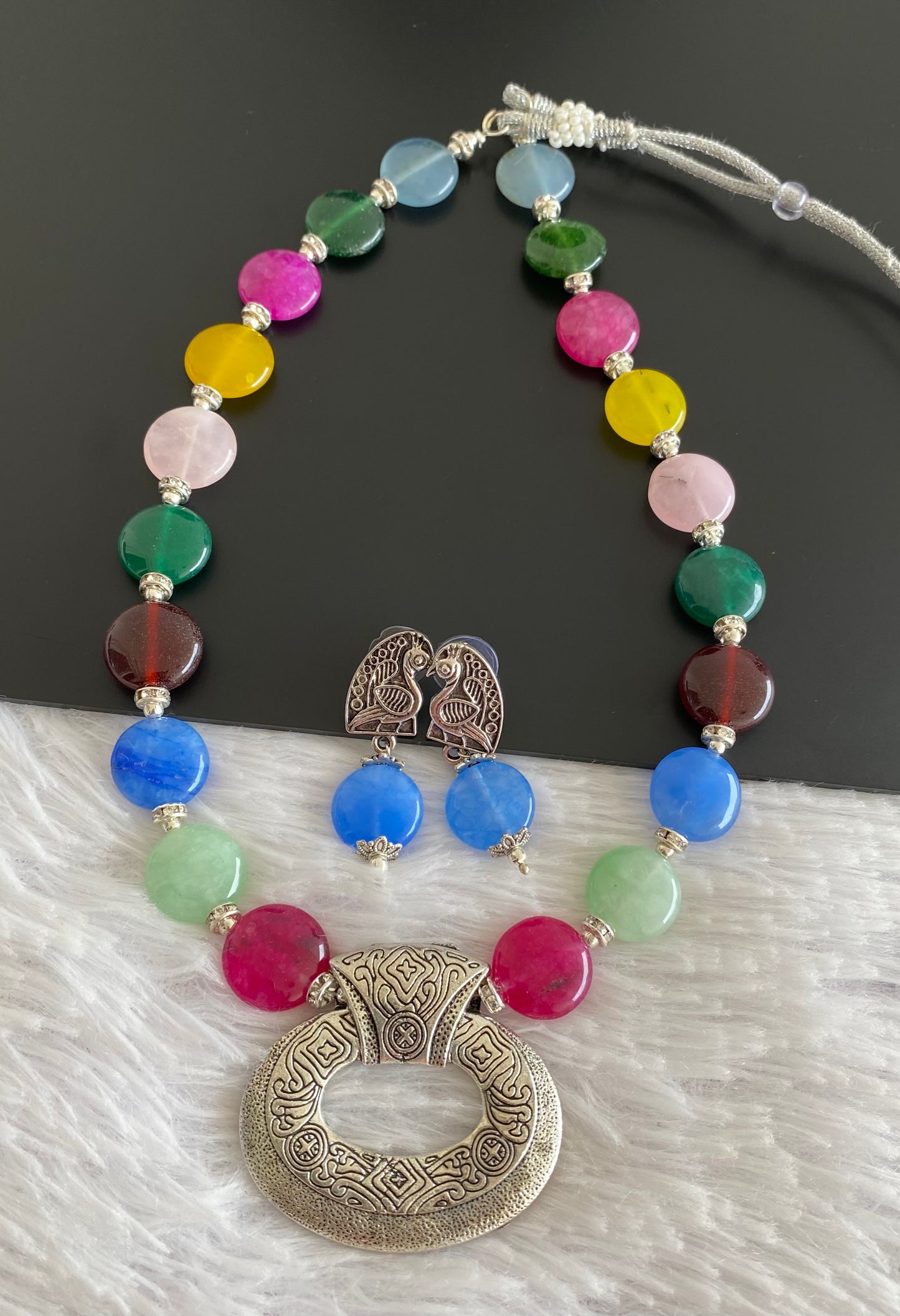 Silver tone multicolour beaded pendant hand made necklace set dj-52918