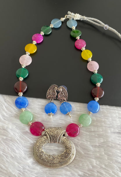 Silver tone multicolour beaded pendant hand made necklace set dj-52918