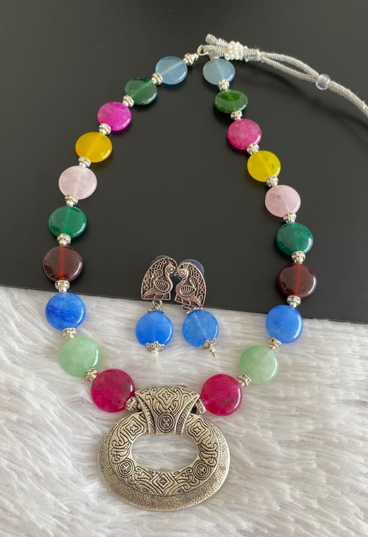 Silver tone maltycolor beads pendant hand made necklace set dj-52918