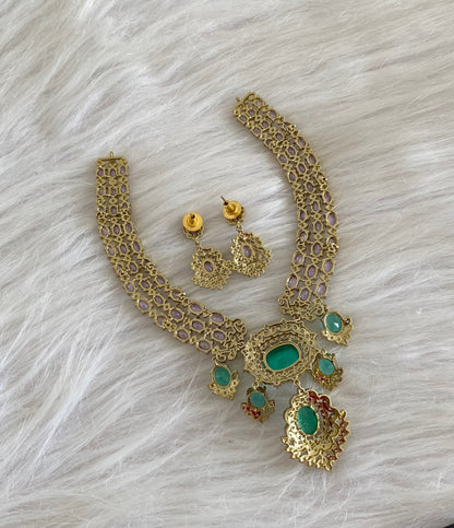 Antique gold tone cz white stone purple-green necklace set dj-54808