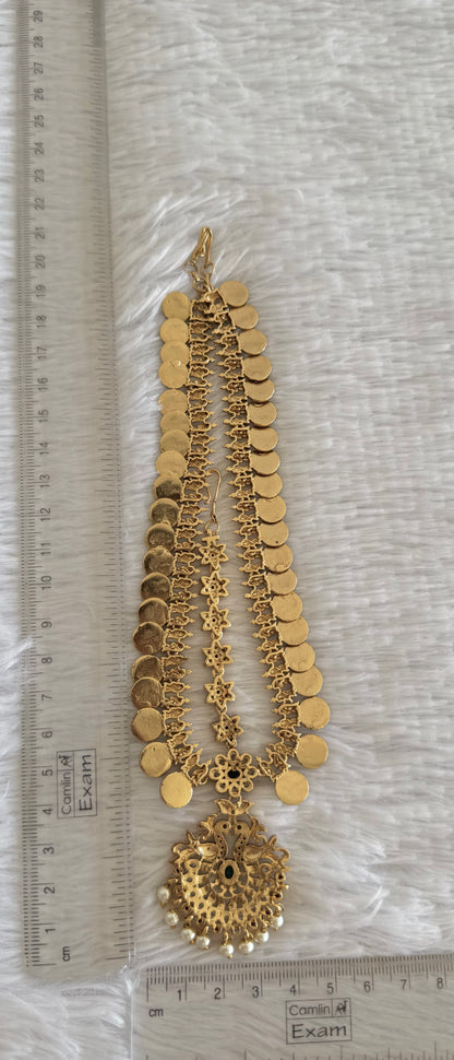 Antique gold tone cz pink-green lakshmi coin peacock tikka dj-52059