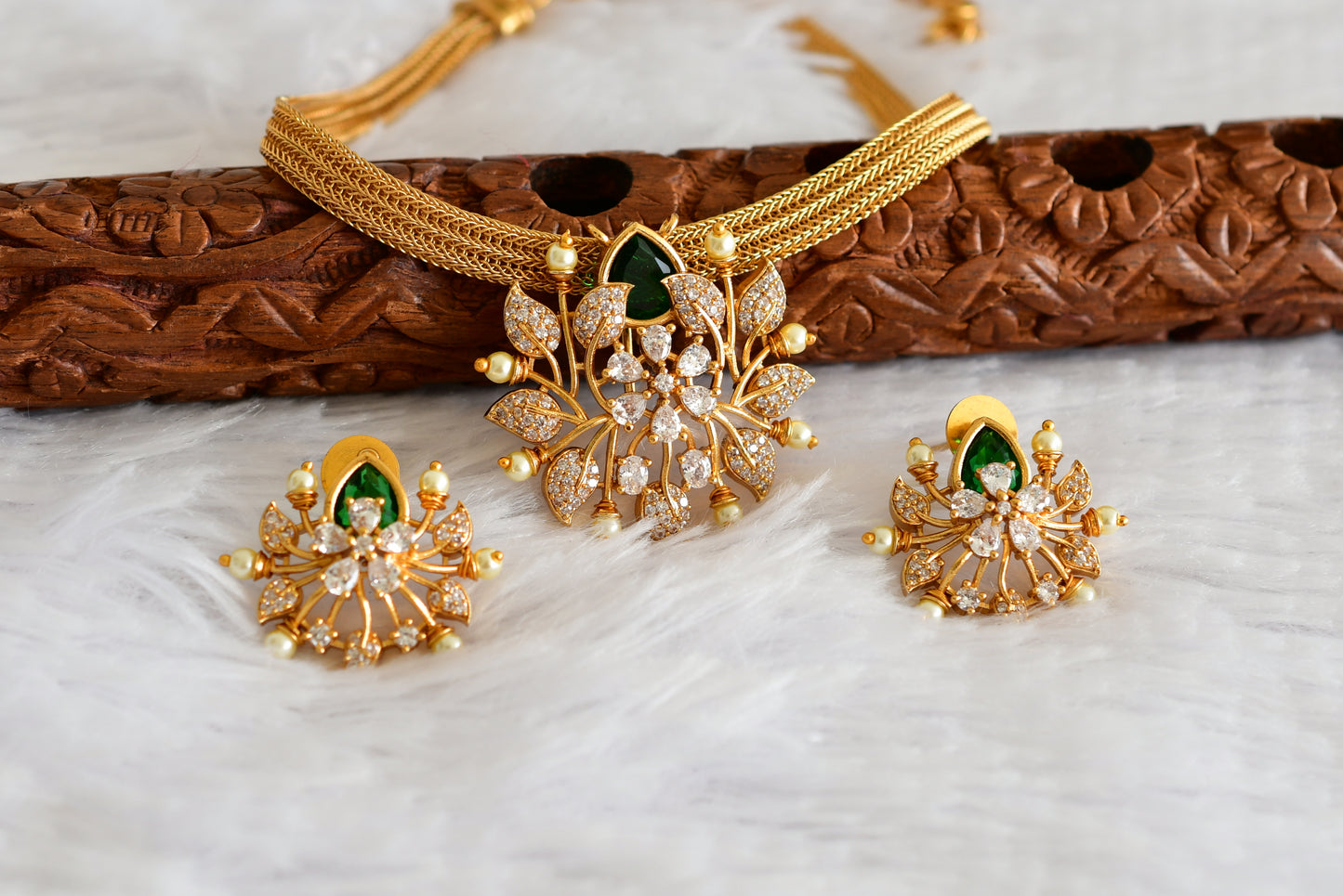 Matte finish cz green pearl pendant necklace set dj-51830