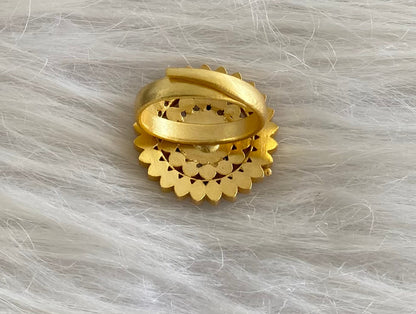 Gold tone pink-green-white kundan jadau round finger ring dj-54321