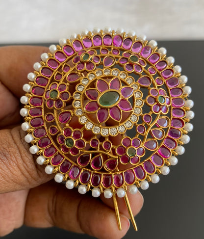 Antique gold tone pink-green-white pearl round hair jewel (rakodi) dj-53635