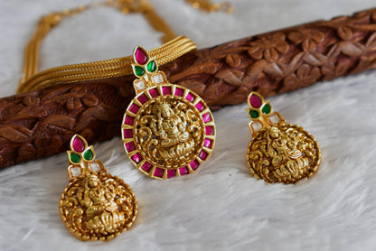 Matte finish pink-green jadau Lakshmi pendant necklace set dj-51821