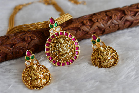 Matte finish pink-green jadau Lakshmi pendant necklace set dj-51821