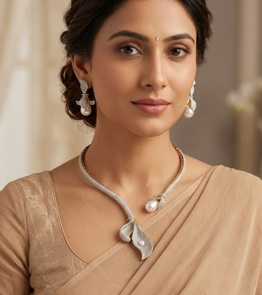 Two tone cz white stone pearl open collar/hasli necklace set dj-54350