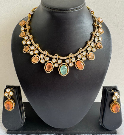 Antique gold tone cz sea green-peach moissanite necklace set dj-51073