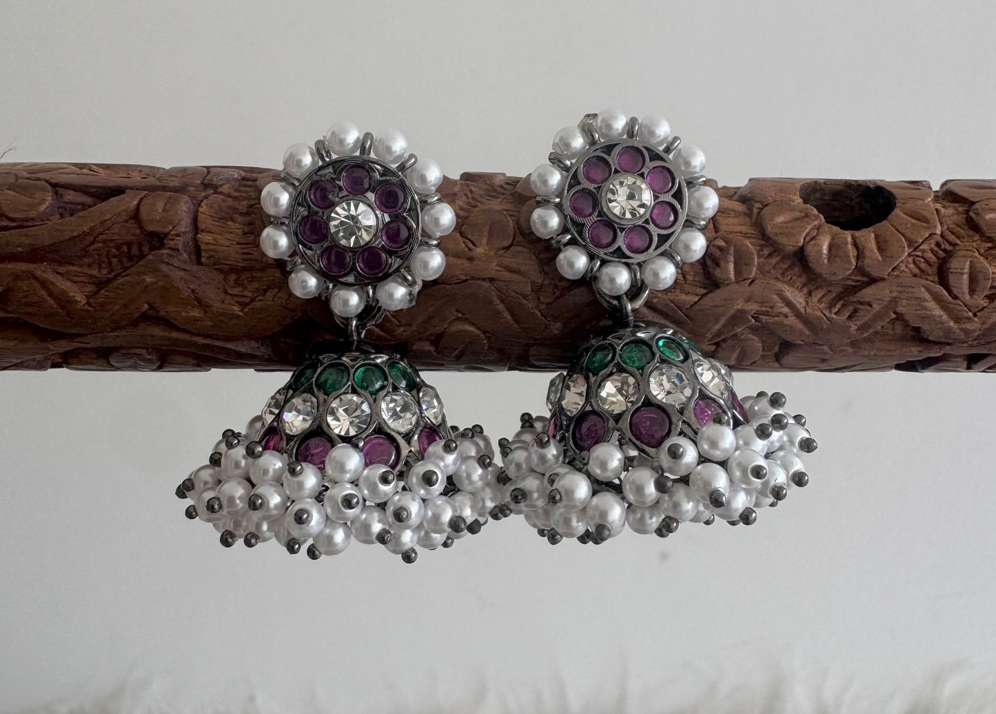 Black finish precious kemp AD green pearl jhumkka dj-51180