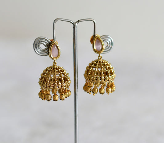 Antique gold tone baby pink thilak stone pearl jhumkka dj-51850
