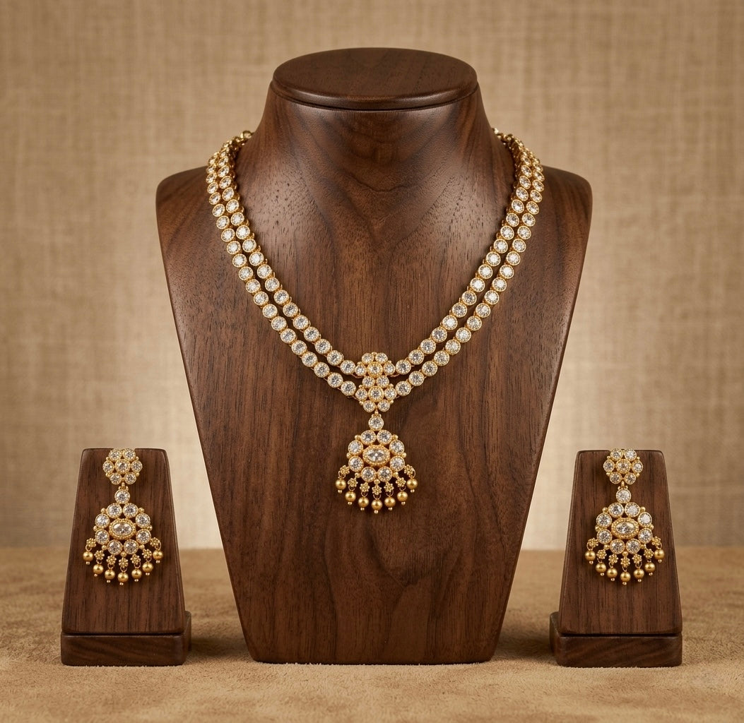 Matte finish white stone double layer attigai/necklace set dj-53181