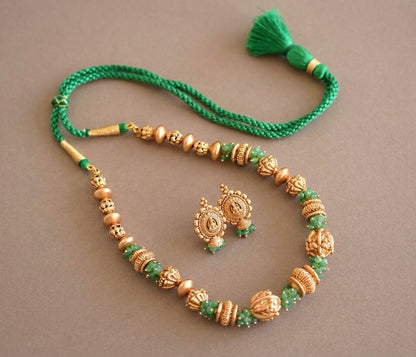 Antique gold tone flower green nakshi beaded necklace set dj-52698