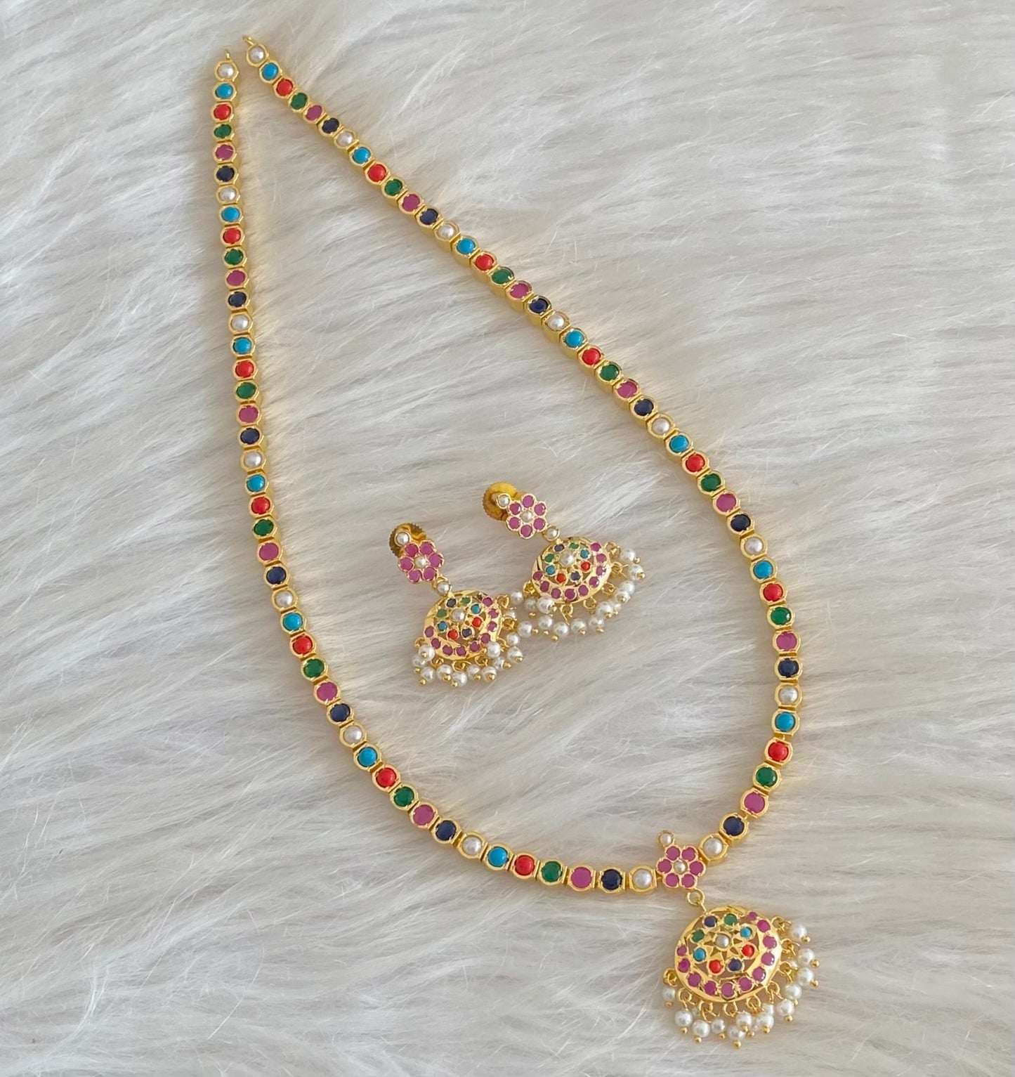 Gold tone navarathna stone pearl haar set dj-54560