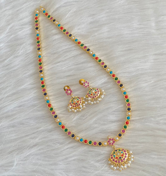 Gold tone navarathna stone pearl haar set dj-54560