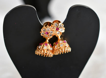 Gold tone AD pink-white flower small jhumkka dj-51892