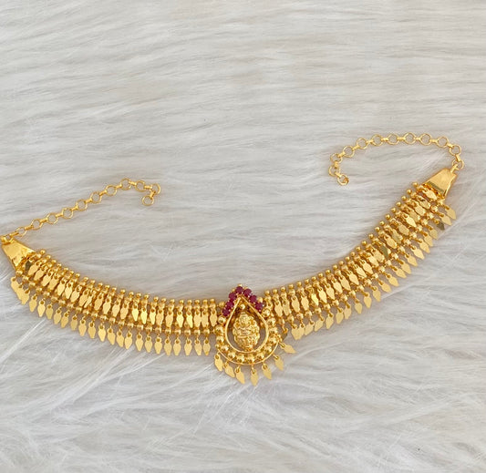Gold tone kerala style elakka maroon stone lakshmi choker necklace dj-54547