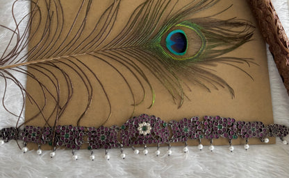 Black finish precious kemp-green-white pearl peacock waist band dj-51761