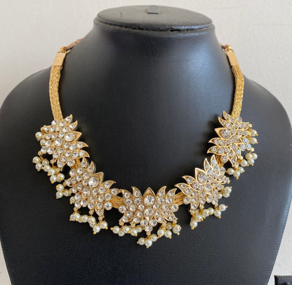 Gold tone AD white stone lotus pearl necklace dj-53224