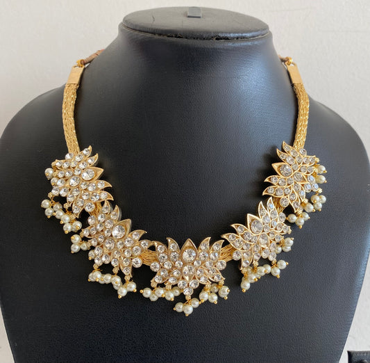 Gold tone AD white stone lotus pearl necklace dj-53224