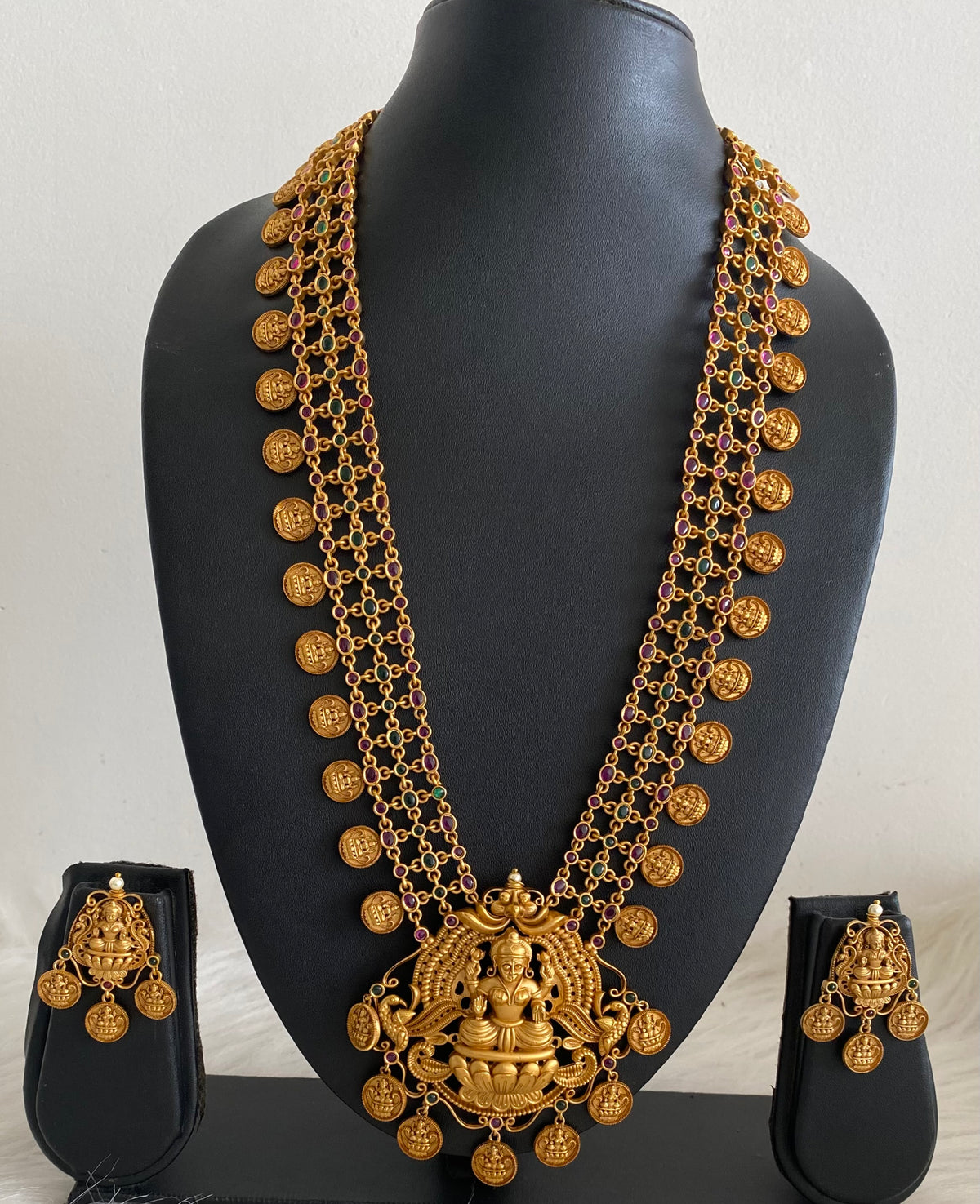 Matte finish kemp-green lakshmi coin haar set dj-55002