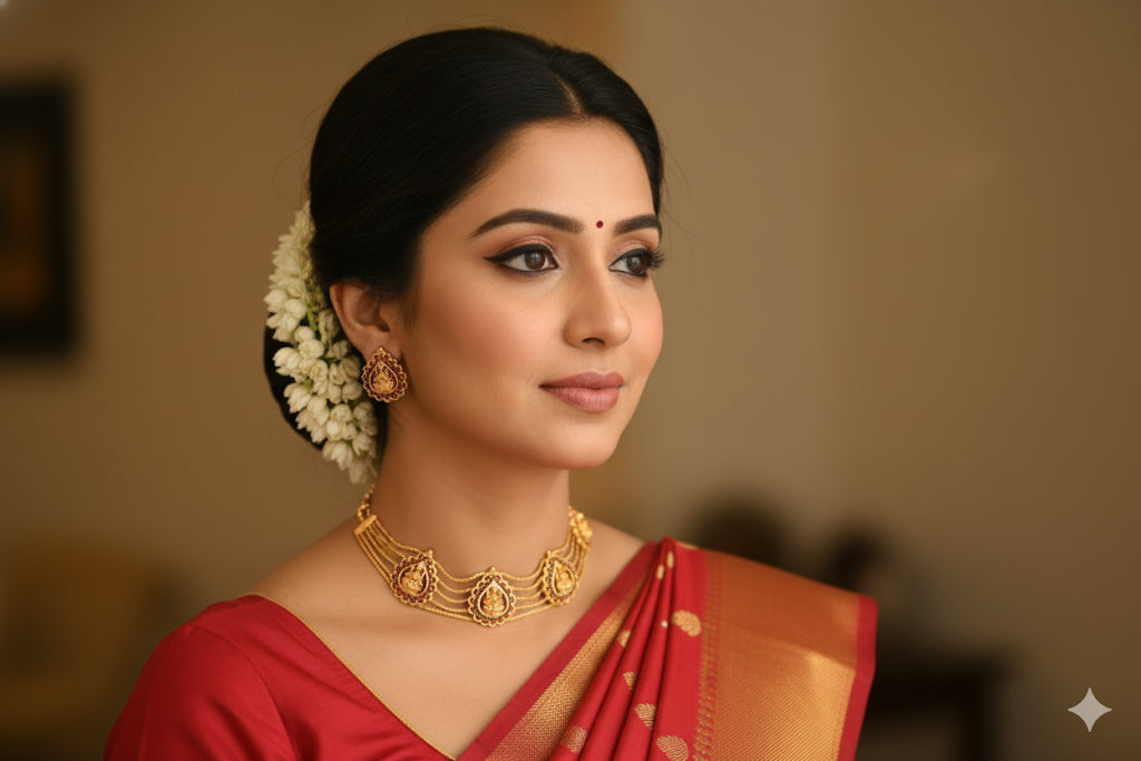 Gold tone AD pink lakshmi choker necklace set dj-51847